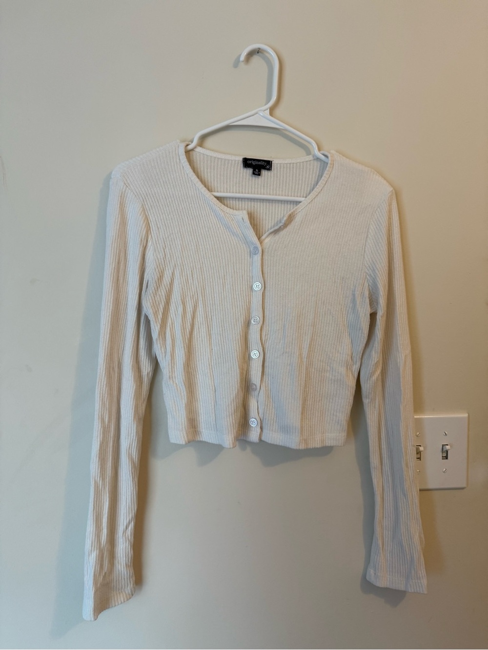 Garage Cream Ribbed Long-Sleeve Button Crop Top